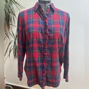 Lauren Ralph Lauren Ruffle Placket Flannel Shirt | Red Navy Plaid